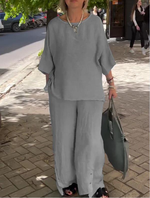 2024 Women's Cotton Linen Fashion Set: Casual Seven-Sleeve Top and Wide-Leg Pants Two-Piece Set