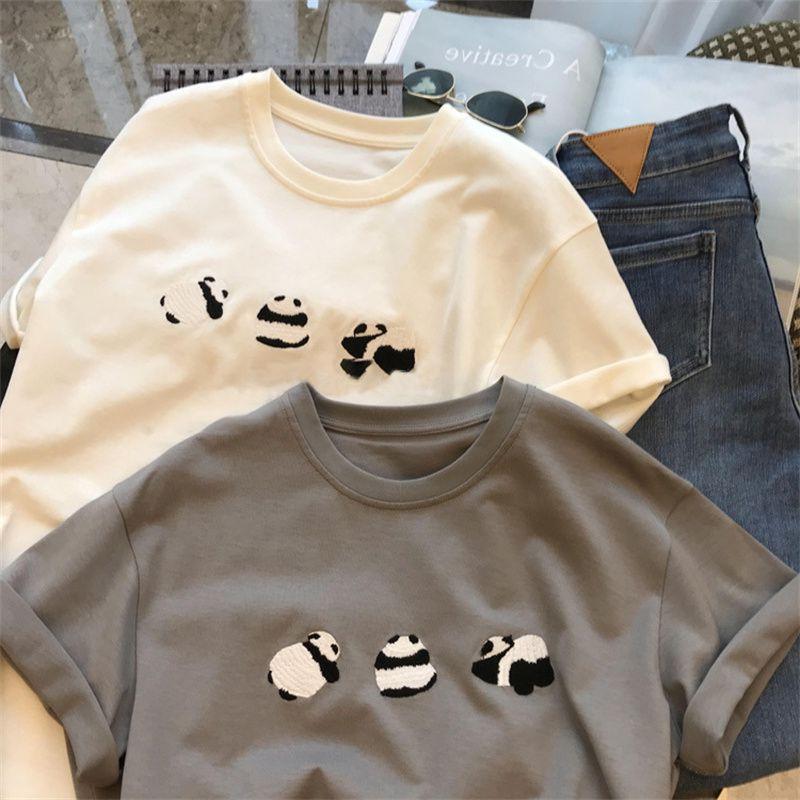 Women's Short Sleeve T-Shirt Summer Fashion Panda Embroidery Cotton T-Shirt Women's Casual Loose Design Tops Japanese Y2k Kawaii
