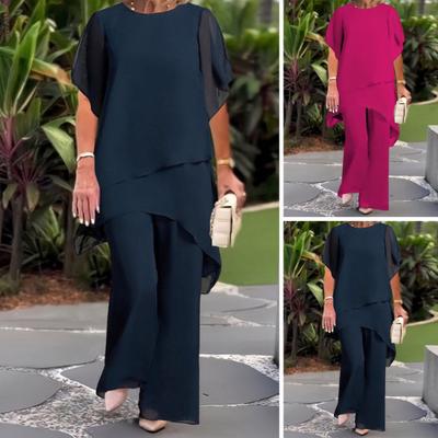 Женский комплект из 2 предметов из шифона, повседневный костюм больших размеров с широкими брюками, асимметричные слои, наряд для гостей на свадьбу на весну и лето