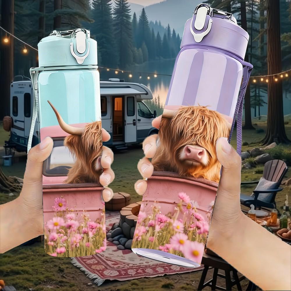 1PC Highland Cow Pink Retro Pickup Truck Art 750ml Color Plastic Sports Water Bottle Leakproof Flip Straw Lid Suitable for Sports Office Home Use