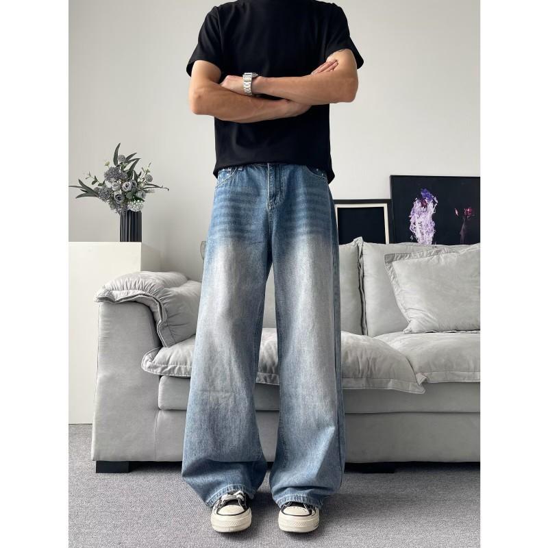 Mens Vintage Washed Distressed Denim Jeans Loose Straight Fit Casual Trousers