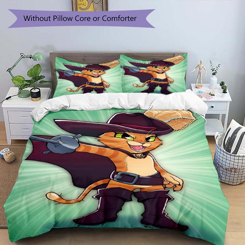 3pcs Duvet Cover Set (1*Duvet Cover + 2*Pillowcase, Without Core), Puss in Boots Print Bedding Set, Bedroom Decor, All‑Season, Birthday Gift