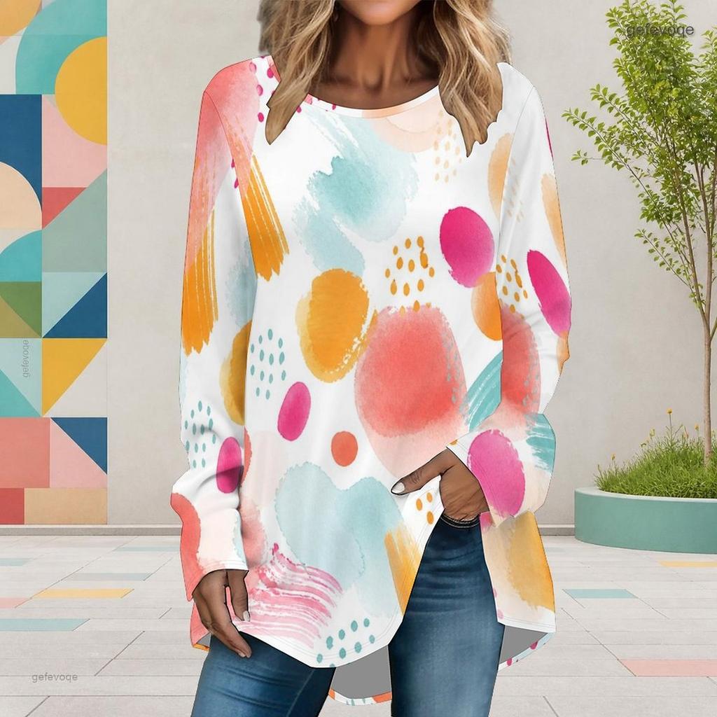 Women Plus Size Round Neck Long Sleeve Dark Blue Printed Loose High Low Hem Shirt