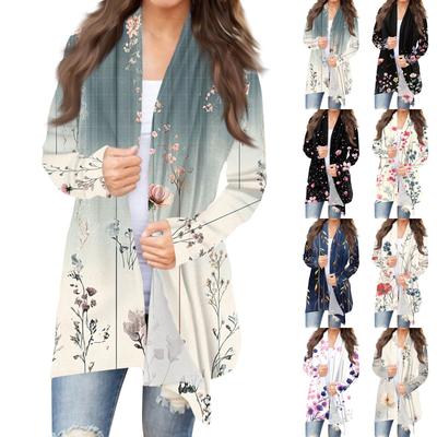 Женская мода повседневная винтажная цветочная набивная куртка-кардиган средней длины