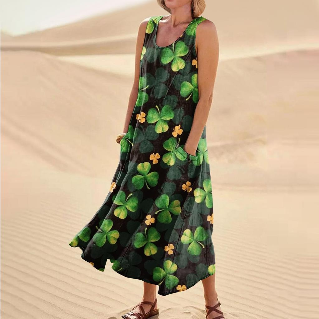 Women's Casual Comfort St. Patrick's Day Printed Sleeveless Pocket Dress