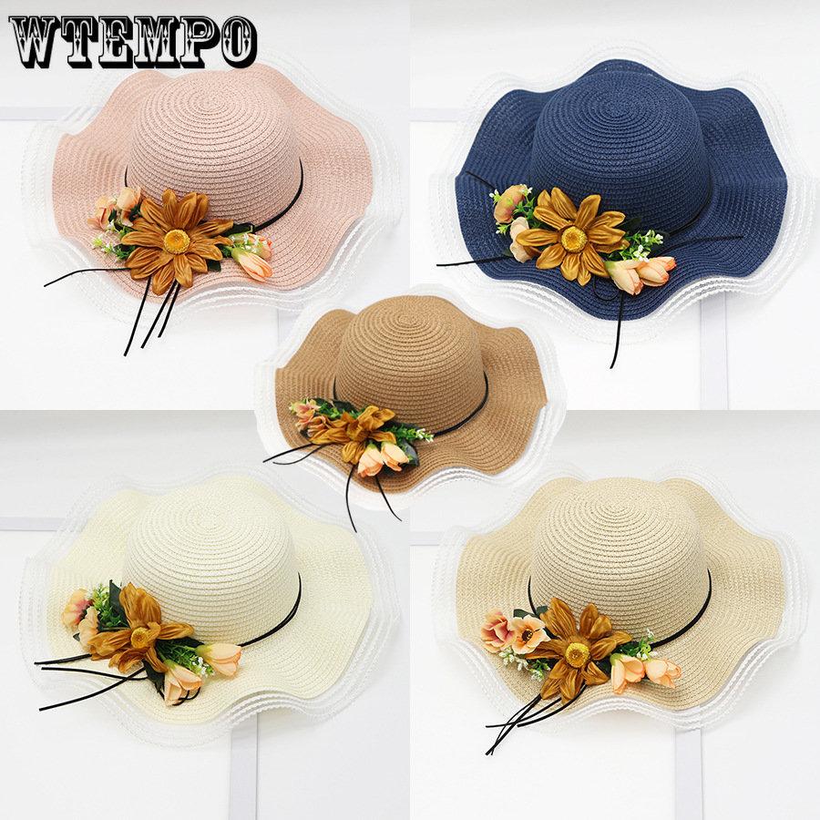 WTEMPO Летняя соломенная шляпа со свежими цветами и волнистыми краями, женская соломенная шляпа с большим карнизом, солнцезащитный козырек, уличная дорожная шляпа от солнца