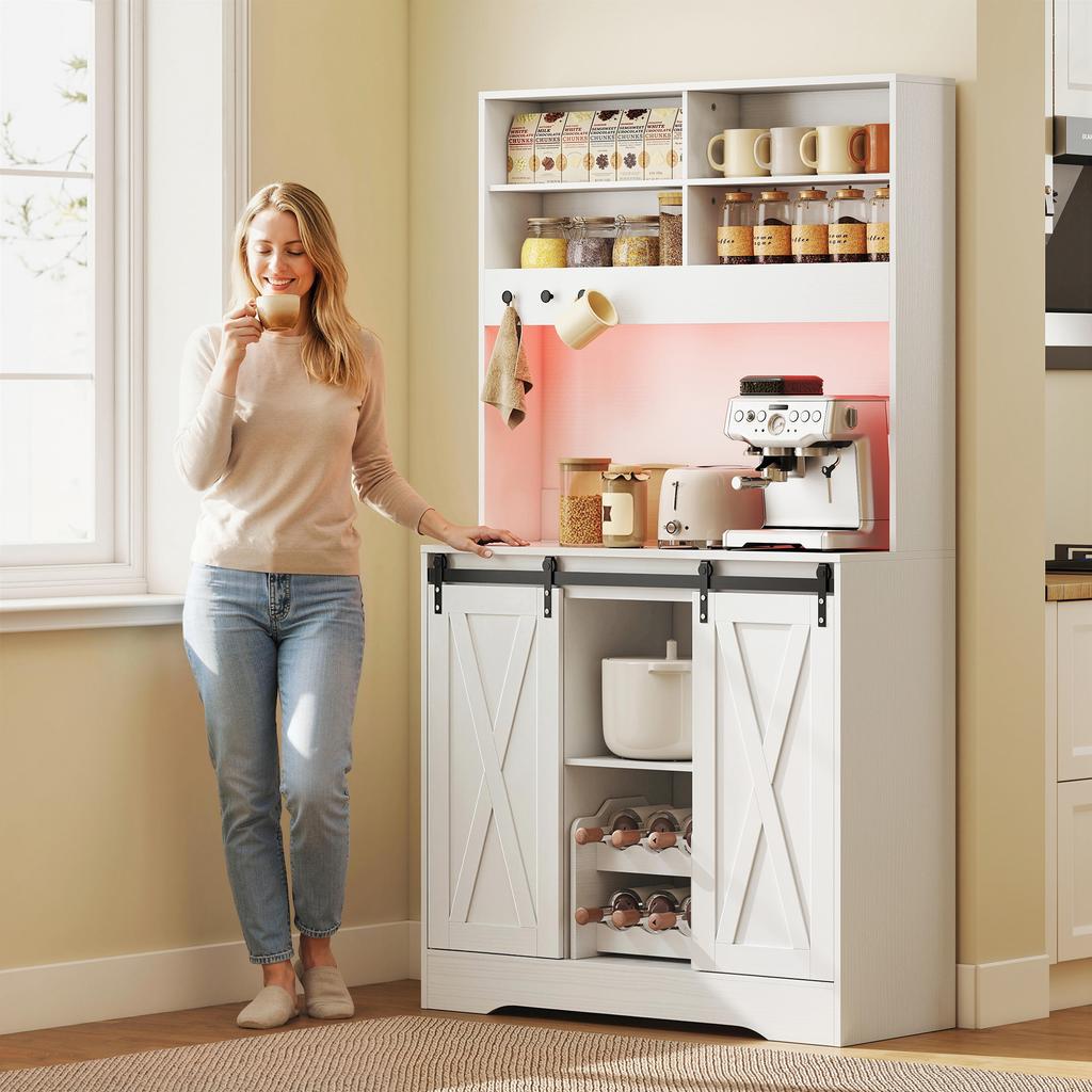 Kitchen Sideboard with Power Outlets. LED Light. Bottle Rack and Sliding Doors. 100x38x180cm. White