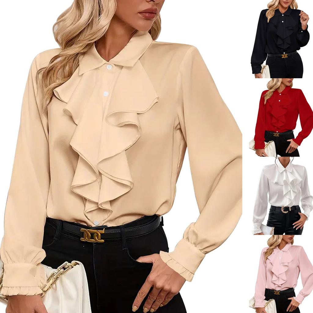 Women's Loose Casual Solid Color Ruffle Edge Shirt Long Sleeved Shirt Fashionable Shirt