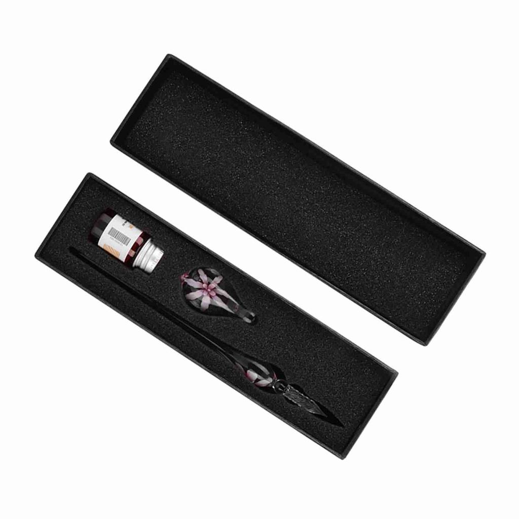 Retro Elegant Flower Glass Dip Pen Signature Ink Fountain Pen with Ink Penholder Pink