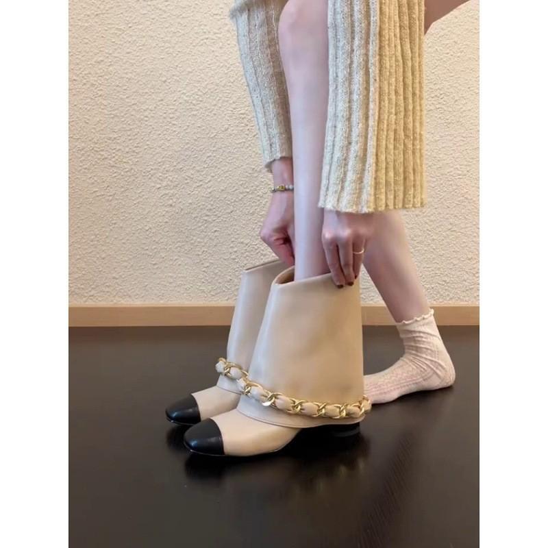 Sheepskin version~ Xiaoxiangfeng contrasting color chain thick heel short boots women's 2025 new leather super thin boots pant tube boots
