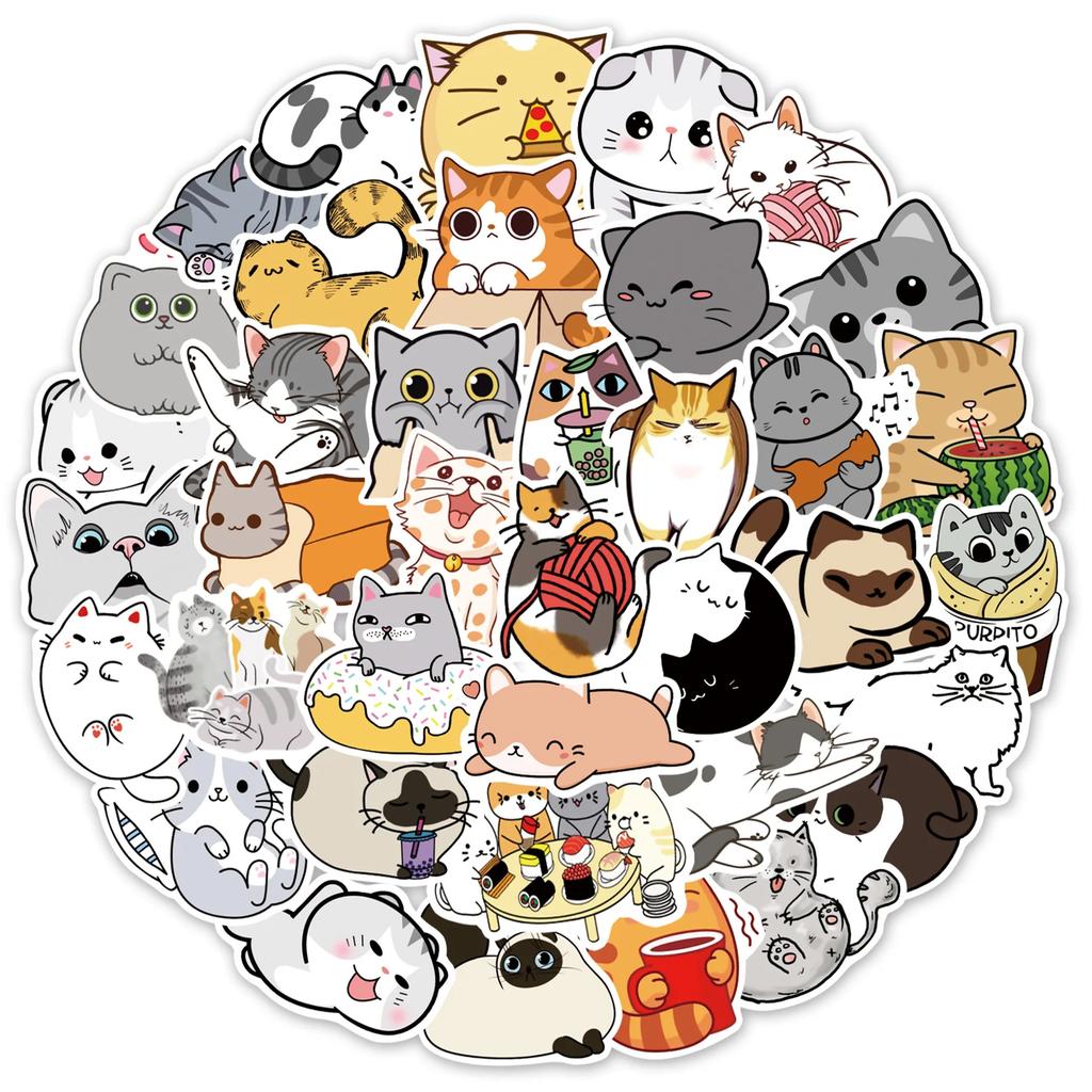 50PCS Cute Cartoon Cat Motorbike Helmet Stickers Creative Waterproof Rear Trunk Sticker Motorcycle Body Scratch Cover Decals