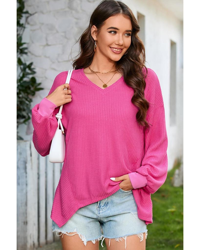 Azura Exchange Ярко-розовая вафельная блузка с V-образным вырезом, длинными рукавами и заниженной линией плеч