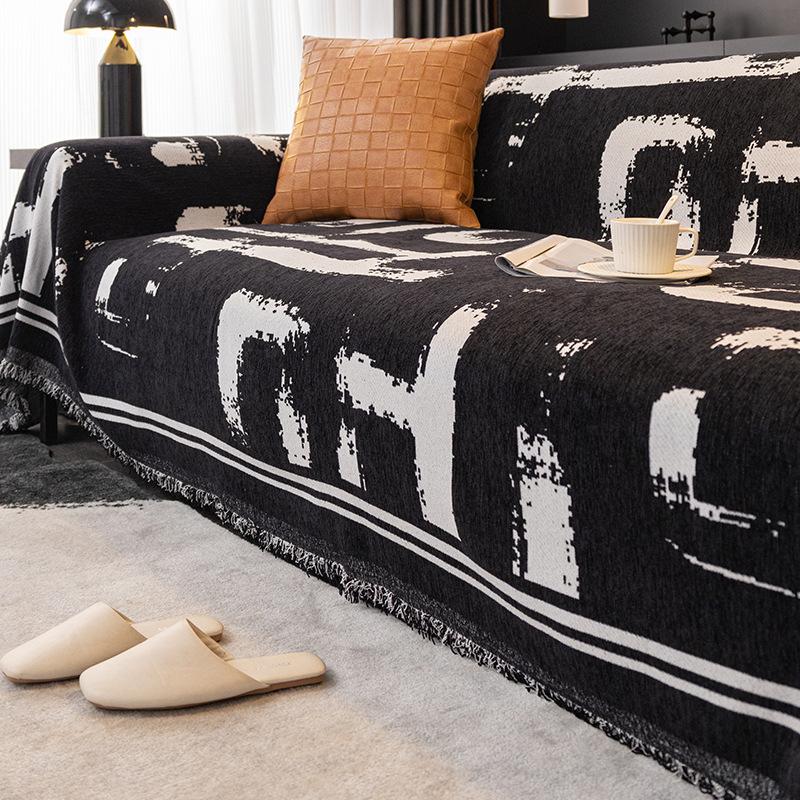 Черный шенилловый чехол для дивана Ткань Four Seasons General Fabrics Полотенце для дивана Полное покрытие Универсальный нескользящий чехол Одеяло
