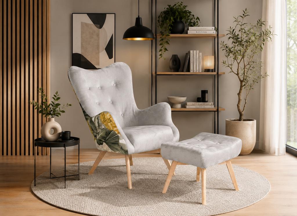 Ohrensessel Luna Print Duo mit Fußhocker und Muster im skandinavischen Stil – Family Meble