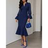 V-Neck Chiffon Patchwork Bubble Sleeve Mermaid Midi Dress Women Elegant Office Wear
