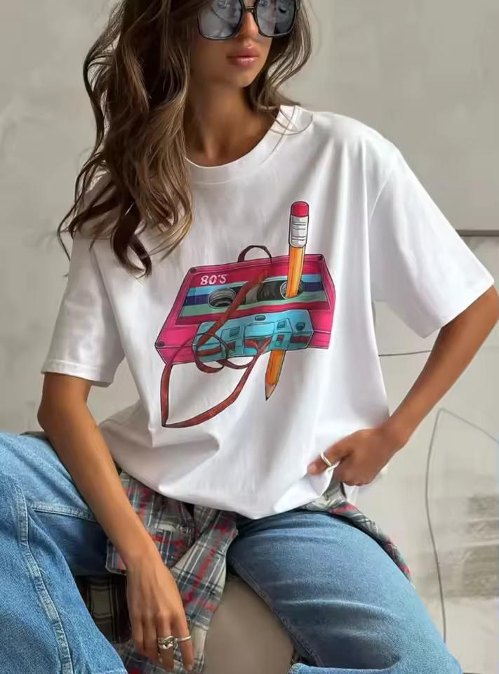 Sumuyoo Women's Fashionable Printed T-shirt Casual Vintage Short-sleeve Printing T Shirts Fashion Hip Hop Loose Top
