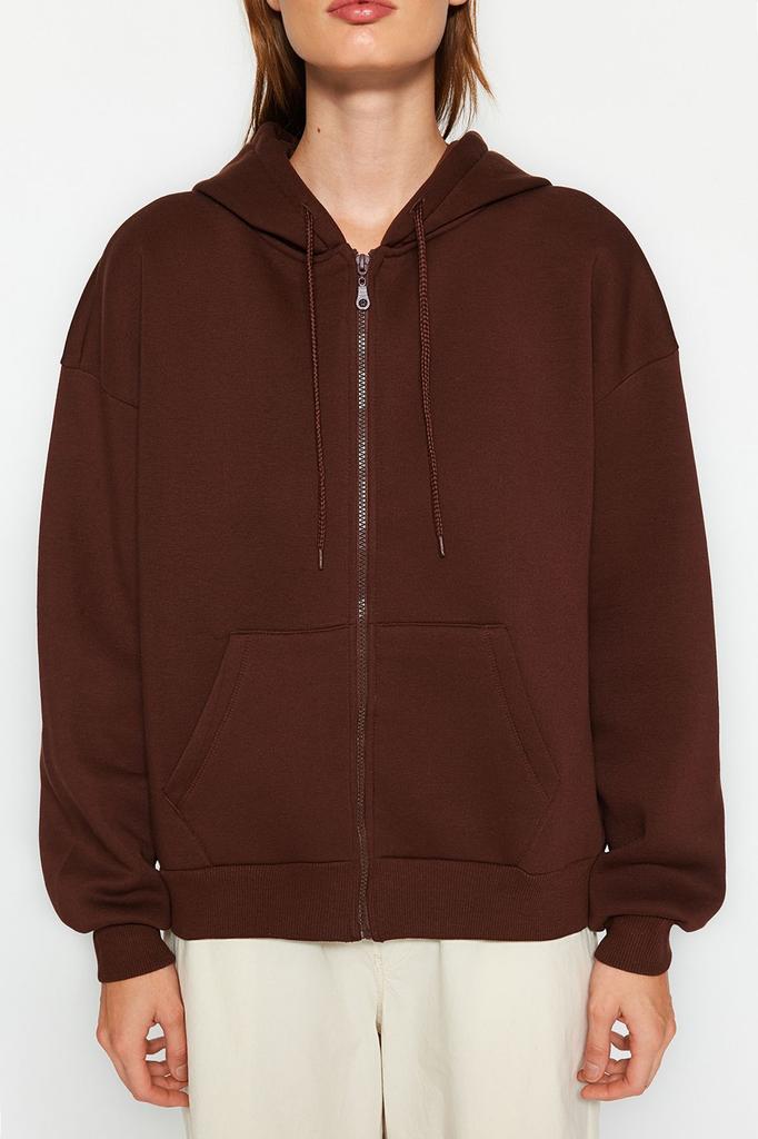 Women's Fashionable Stylish Sweatshirt Stone Oversize Comfortable Cut Basic Hooded Zippered Thick Inside Fleece Knitted Sweatshirt