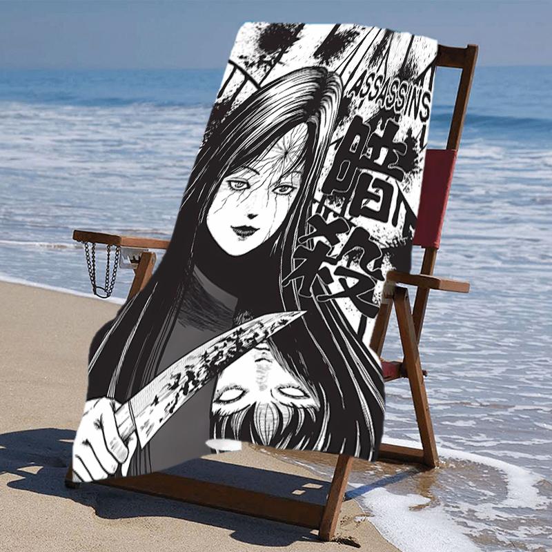 proof beach towel with a Thriller Manga Junji Ito Tomie1 pattern - soft,absorbent,quick-drying,machine washable - perfect for swimming,camping,bathing