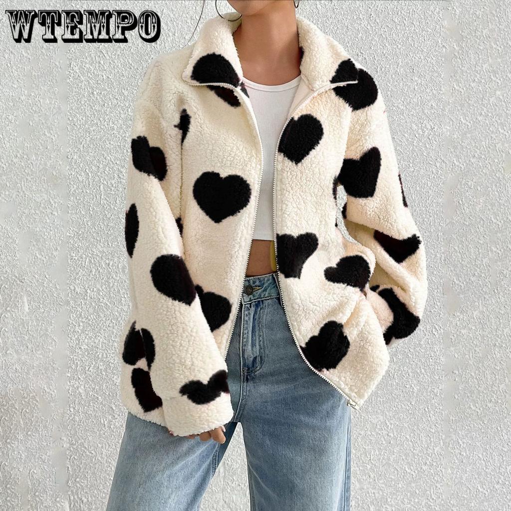Autumn and Winter Women's Plush Love Printed Loose Long Sleeve Standing Collar Zipper Cardigan Short Jacket