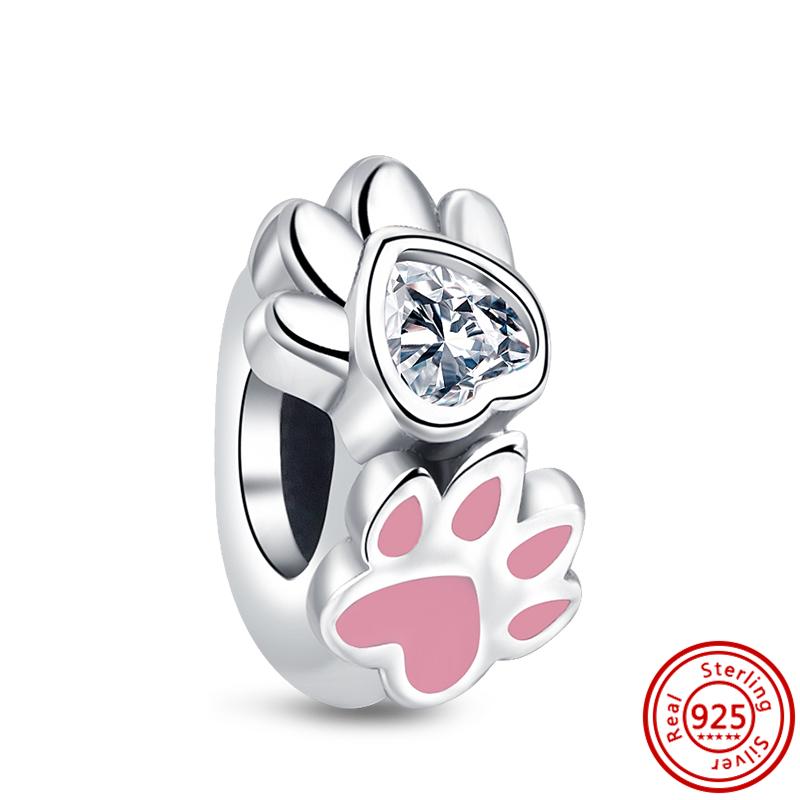 New S925 Silver Pink Heart Animal Paw Print Pendant Clear Zircon Fashion Beads Fit Original Charms Bracelet Women Jewelry