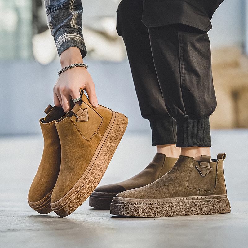 Men's Chelsea Suede Slip-On Ankle Boots, Retro British Style, Winter Velvet, Versatile Mid-Top Martin Design