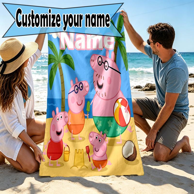 Custom Name Personalized Pink Pig Print Beach Towel, for Trip Camping Beach Party Home Decor, Birthday Gift for Family & Friends