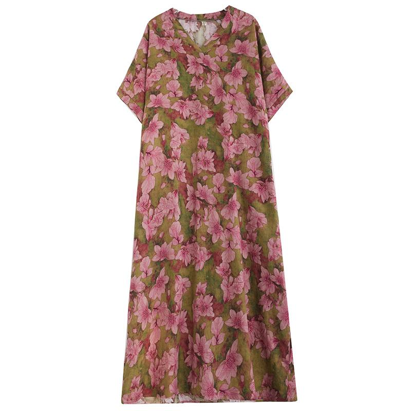 Новое хлопковое платье больших размеров с коротким рукавом и цветочным принтом для женщин, повседневное свободное длинное летнее платье макси