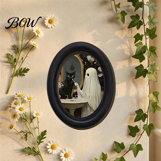 Gothic Farmhouse Decor Halloween Wooden Door Hanging Sign, Oval Black Cat Ghost Wall Plaque, Retro Painting Waterproof Art for Entryway Bedroom Cafe,