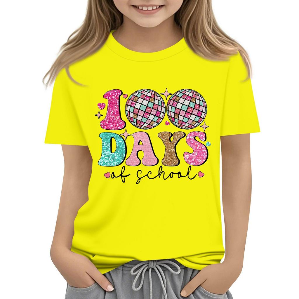 Happy 100th Day Of School Girls Boys Short Sleeve T Shirts Kids Tops Crewneck Tees