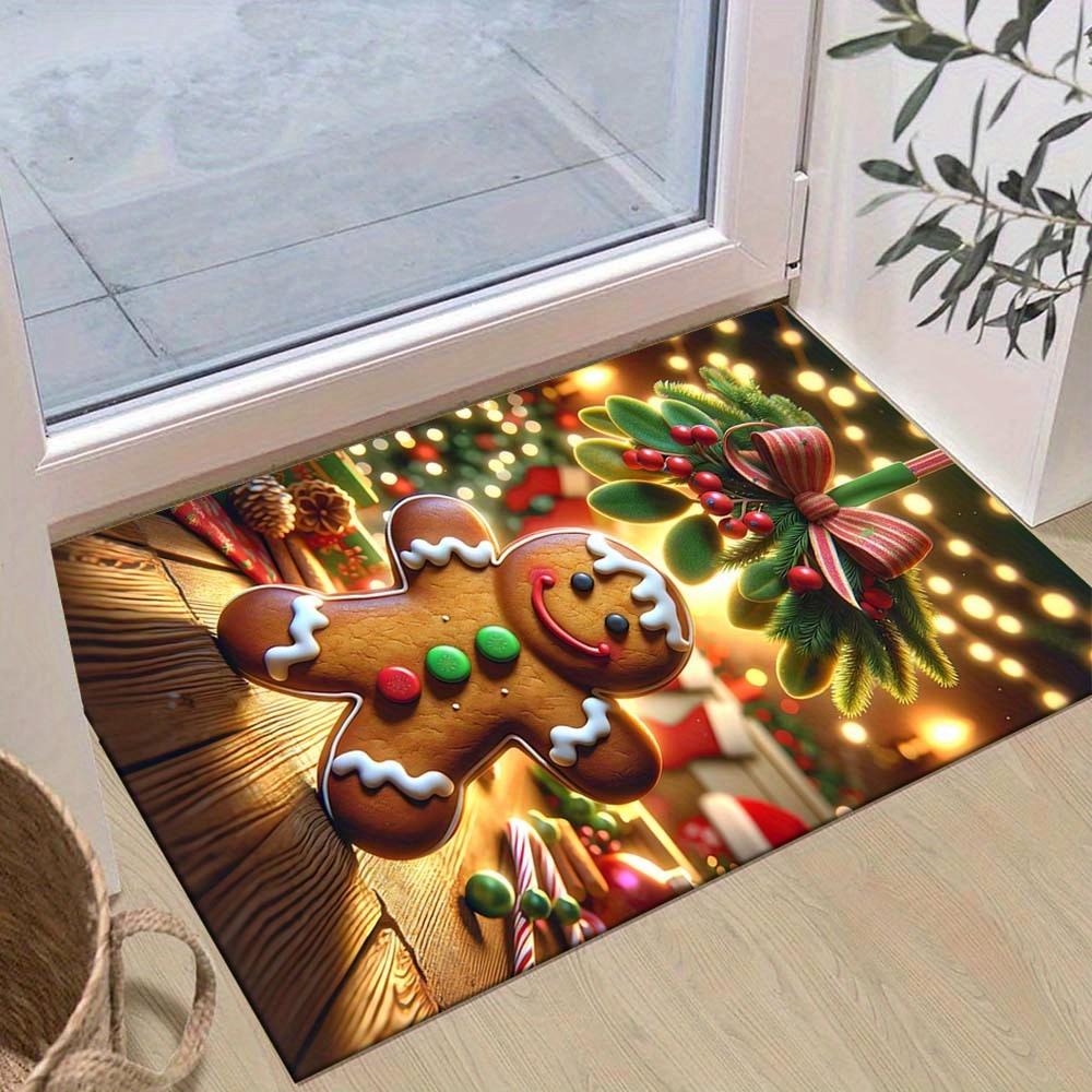 1pc Christmas Themed Rug, Happy Gingerbread Man Print, Bedside Carpet, Non slip Laundry Room Mat, Machine Washable Water Absorbing Entrance