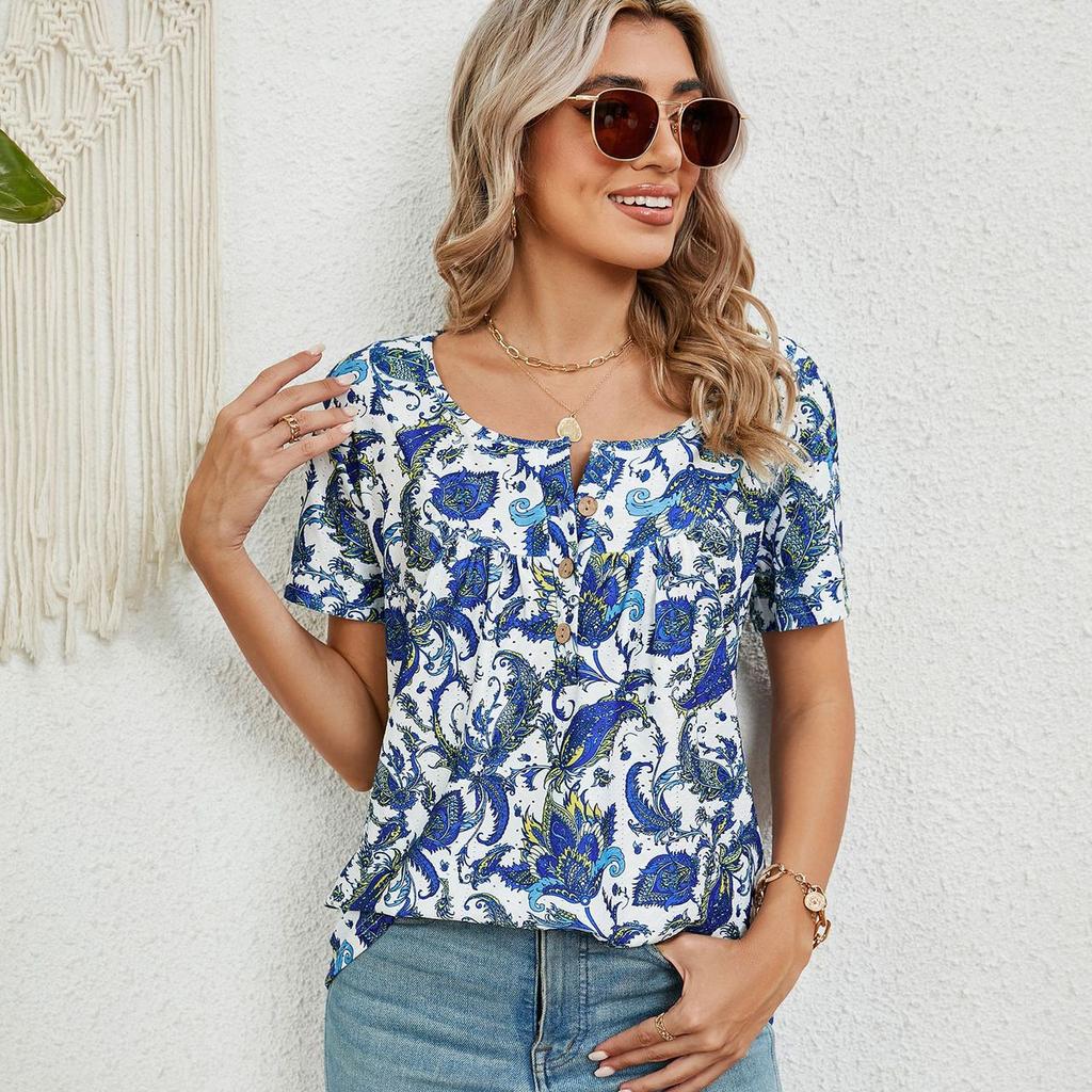 Летняя женская футболка на шнурке и пуговицах, свободный топ с короткими рукавами и принтом «парусник»