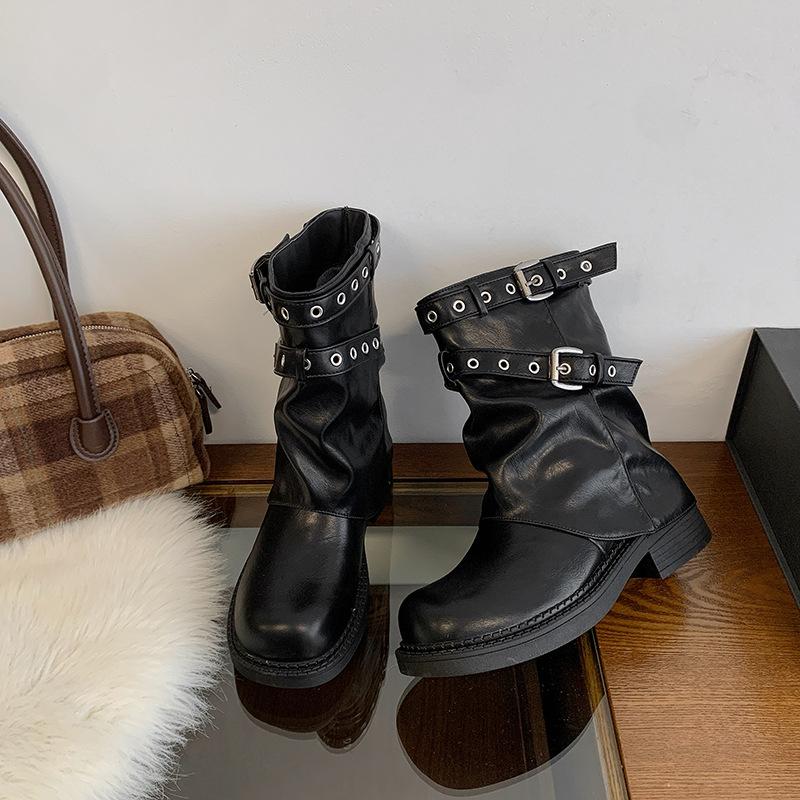 Retro style belt buckle rivet locomotive boots women's autumn new thick-soled heightened feet small brown short boots tide