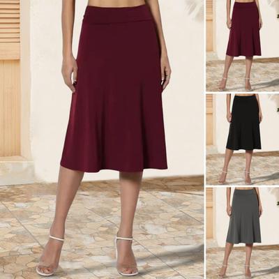 Женская юбка длиной до колена, летняя повседневная юбка-трапеция с высокой талией, расклешенная, эластичная, простая юбка-миди с отворотом