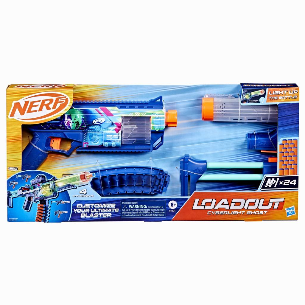 Hasbro Nerf Loadout Cyberlite Ghost Blaster with LED 4 and 24 N1 Kids Toys Ages G1824 Authentic Battery-Powered Light, Accessories, Darts, & Gifts, 8+