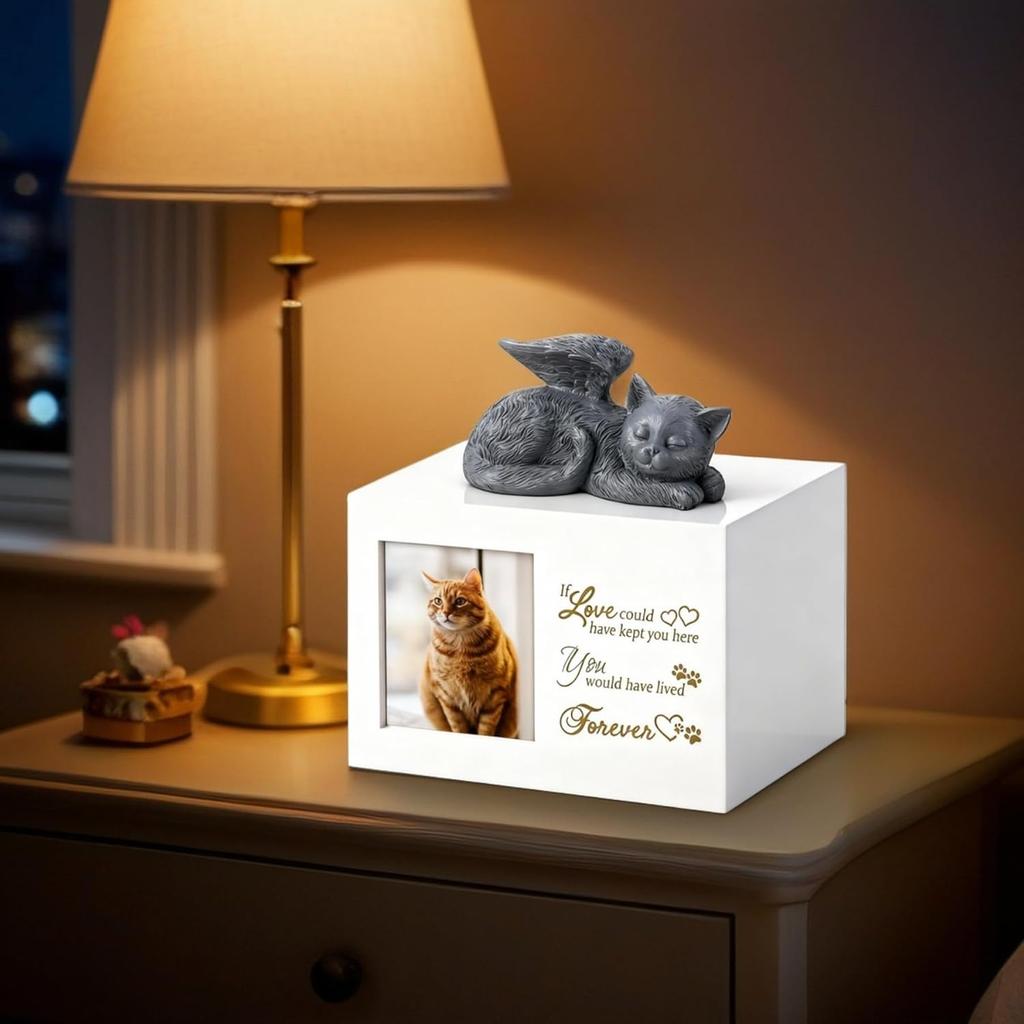 Cat Memorial Urn for Ashes - Wooden Cat Keepsake Box with Photo Frame, Resin Angel Statue & Velvet Ash Bag, Pet Loss Remembrance Gift (White)