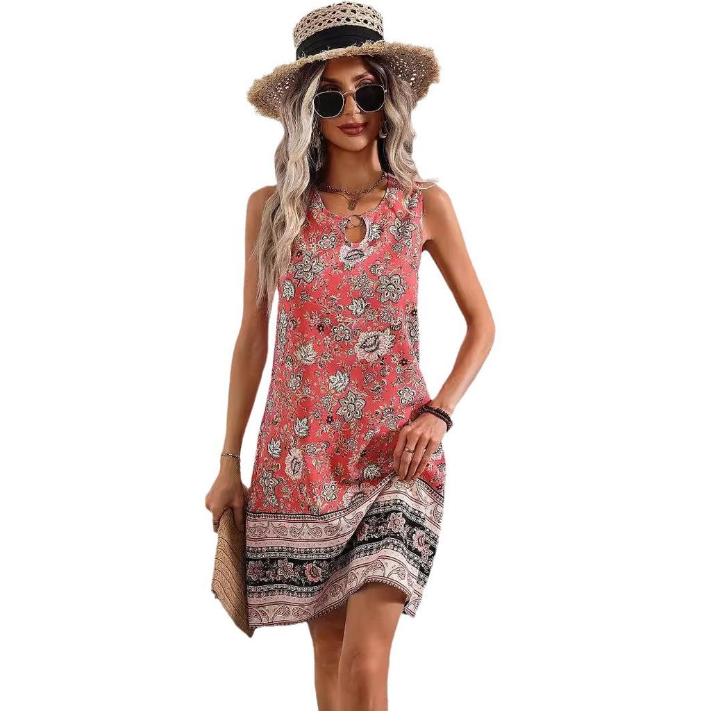 Women's Printed Sleeveless Dress with Ring Neckline, Summer Boho Dress