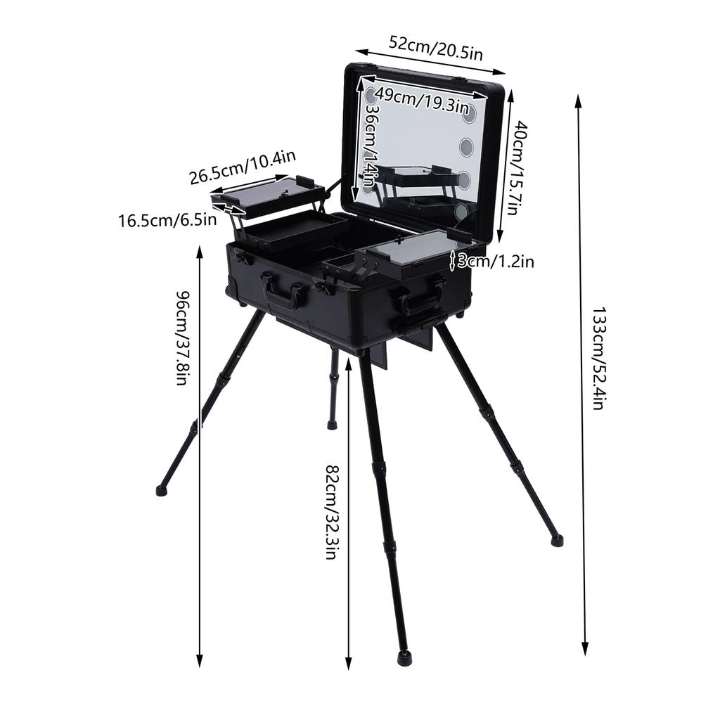 Aluminum Trolley Makeup Train Case with 8 LED Light, Adjustable Leg Height Portable Travel Rolling Makeup Storage Box Organizers