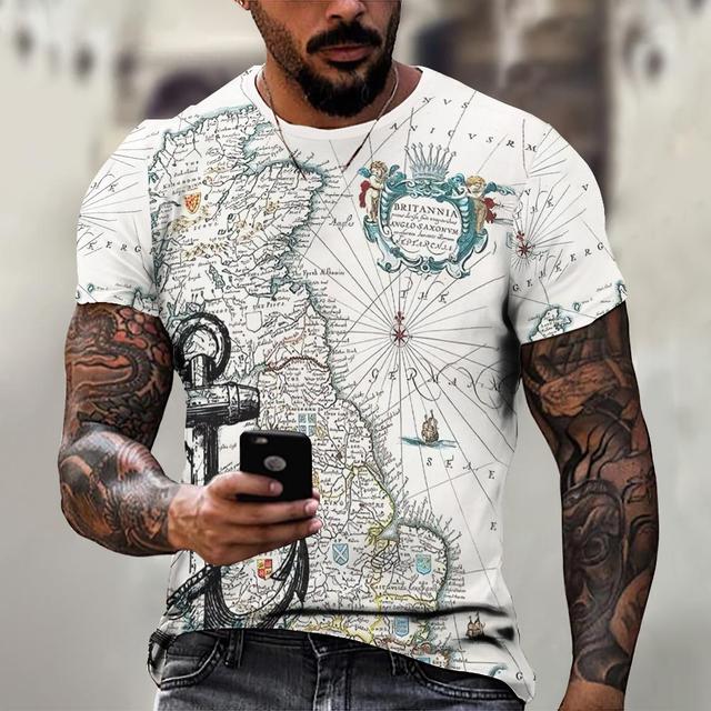 Винтажная мужская футболка, рубашка с изображением корабля, топы с принтом компаса, футболки с короткими рукавами, свободная повседневная мужская одежда, повседневная уличная одежда