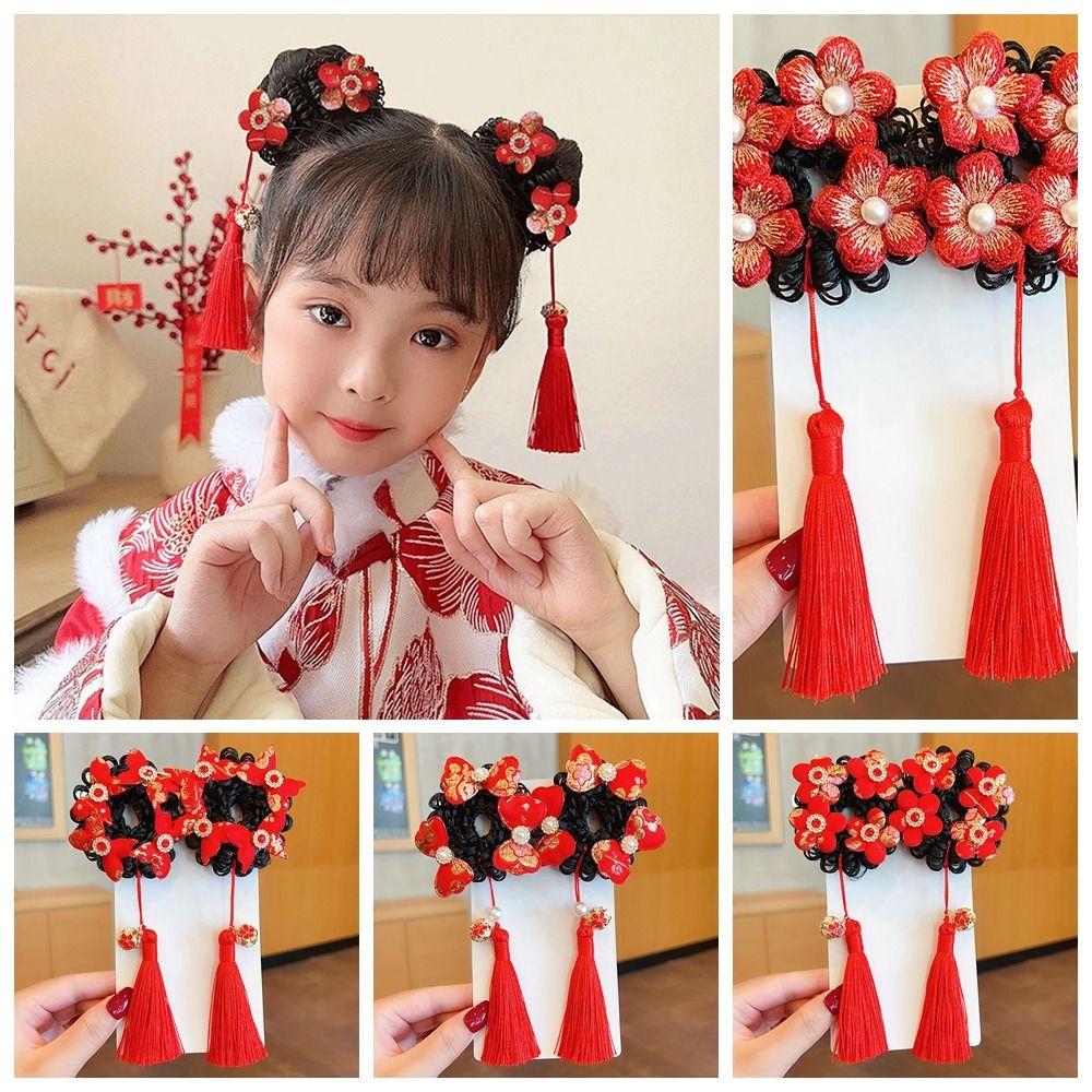 Flower Children Hanfu Hair Ring Red Ancient Style Scrunchines Bow Wig Braid Hair Rope  Baby