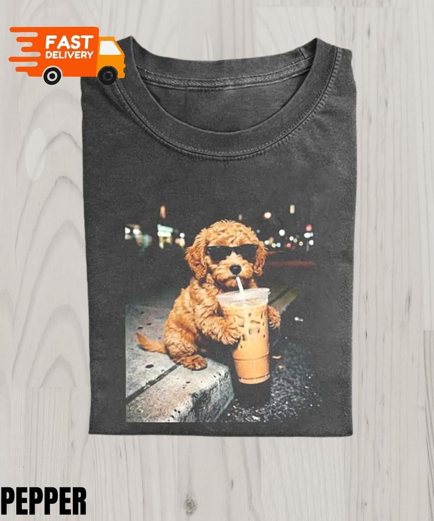 Funny Goldendoodle Drinking Iced Coffee T-Shirt,Dog Owner Gift,Dog Meme Graphic Tee,Coffee Dog Shirt,Gift For Animal Lover,Funny Dog Shirt