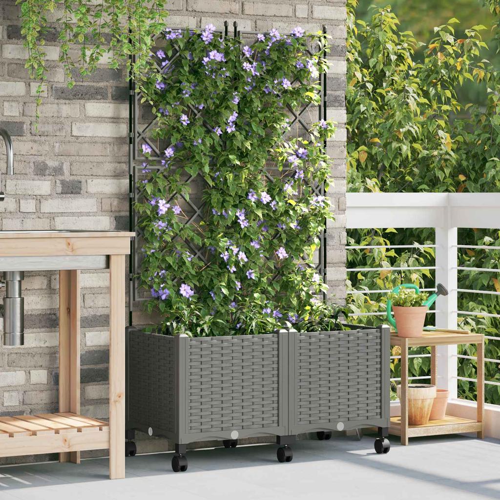 Planter with Trellis and Wheels 2 pcs Light Gray PP