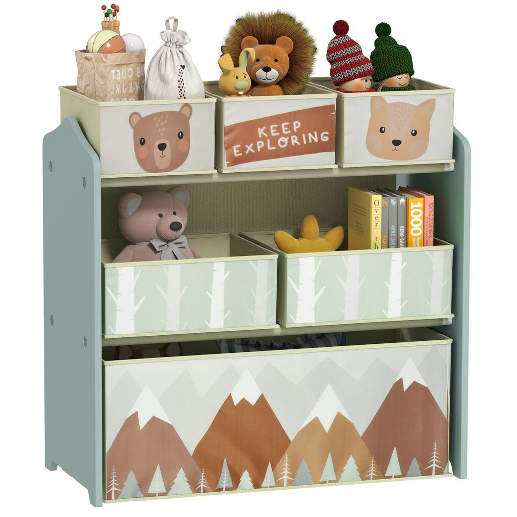 Kids Storage Unit, Toy Storage Organiser, with Six Fabric Bins, for Bedrooms, Playrooms, Nurseries - Green