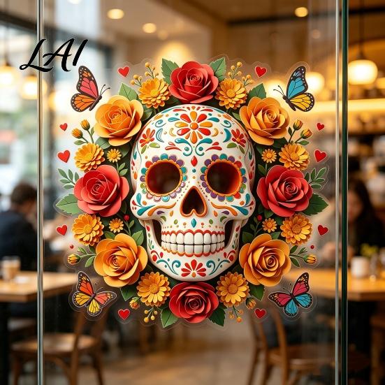 Creative Holiday Gifts for Friends Day of The Dead Skull Flower Static Sticker Colorful Mexican Floral Glass Indoor Outdoor Festive Window