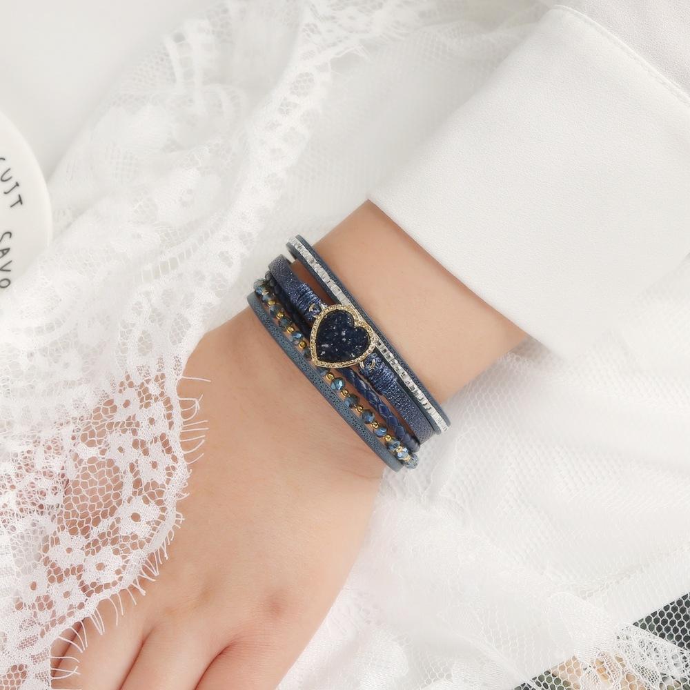 Leather Bracelet PU Beaded Bracelet Heart-Shaped Gemstone Multi-Layer Braided Wrist Jewelry Gifts