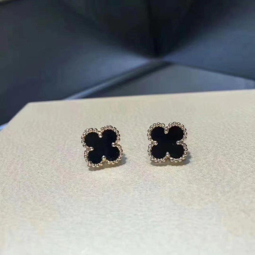Four-Leaf Clover S925 Silver 9mm Stud Earrings with Red Agate, Black Agate, Turquoise, Butterfly, White Shell, Gray Shell, and Pink Shell for Women.