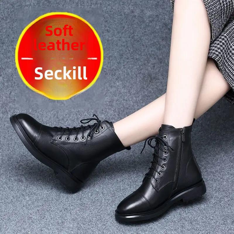 Genuine Cow Leather Martin Boots Women's Autumn Winter Flat Heel Short Boots Fleece Lined Thickened Cotton Shoes Women's