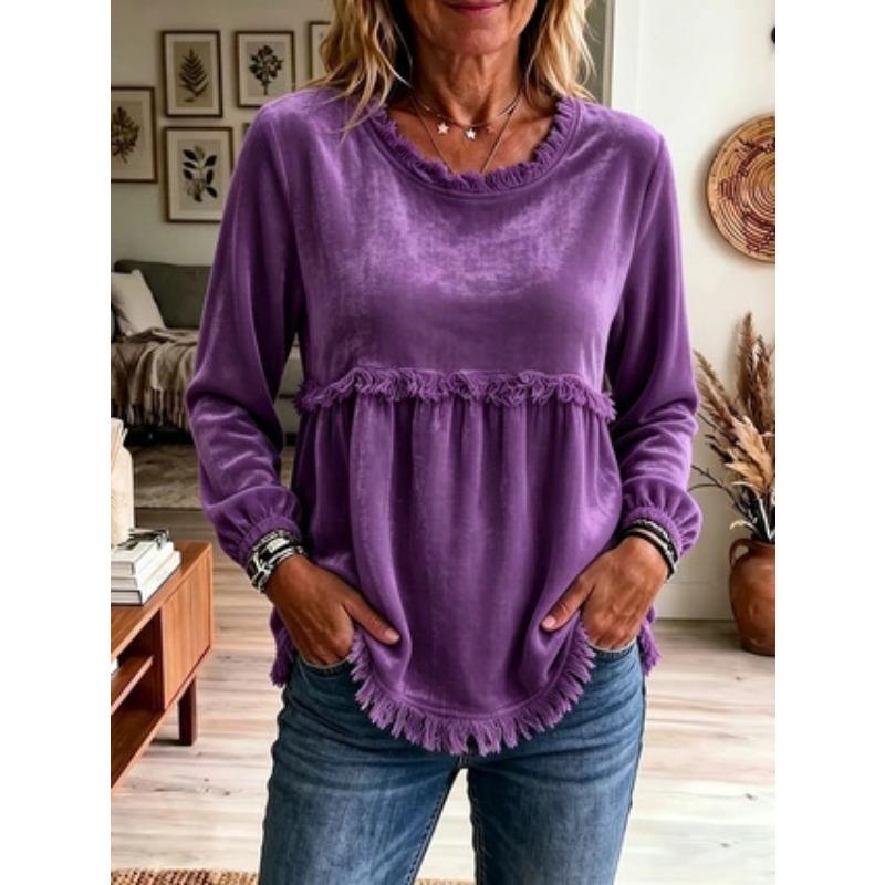 Women S Casual Loose Long Sleeve U Neck Lace Splicing Top