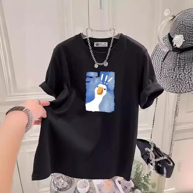 Cartoon Printed Short-sleeved T-shirt for Women In Summer New Fashionable Age-reducing Large-shoulder Pure Cotton Top