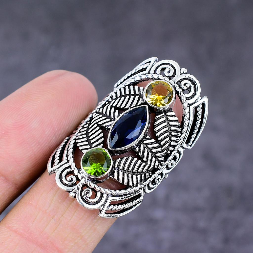 Natural Blue Topaz,Peridot Gemstone Handmade 925 Sterling Silver Ring S.8 H6d96