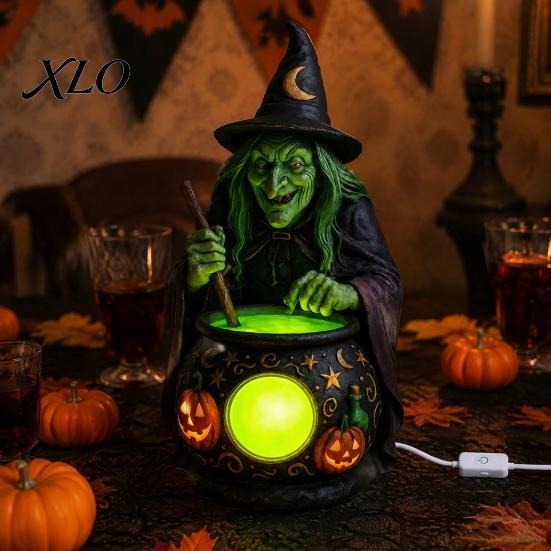 Halloween Witch Cauldron Decor Statue with Glowing Cauldron, USB Powered Resin Black Creative Gift for Friends Pot Figurine Green/Purple LED